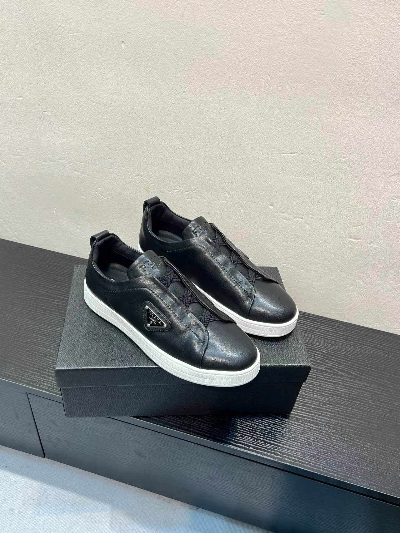Prada Black White Slip-On Leather Upper Lifestyle Sneakers 5