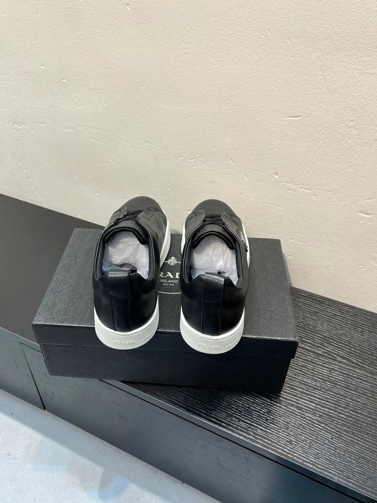 Prada Black White Slip-On Leather Upper Lifestyle Sneakers 6