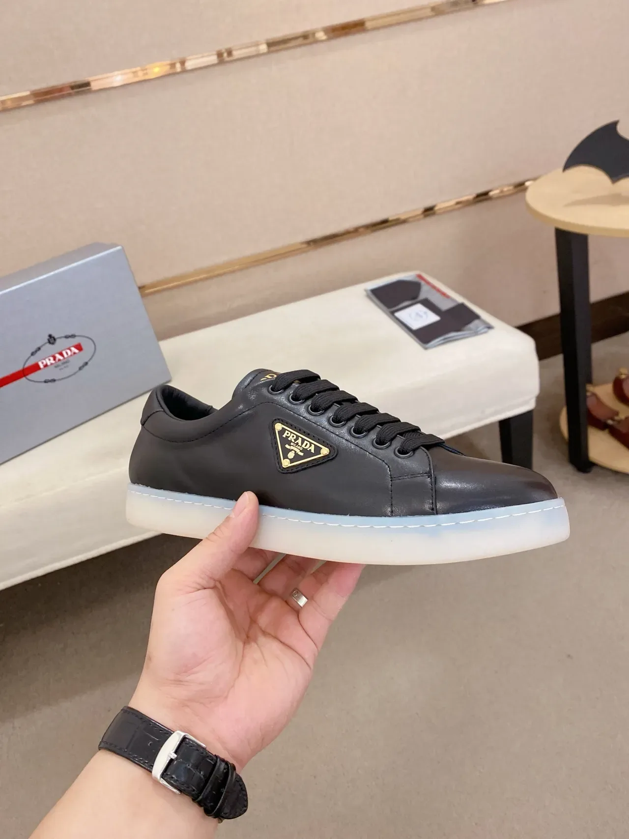 Prada Black White Smooth Leather Upper Gold-Tone Triangular Logo Plaque Lifestyle Sneakers 4