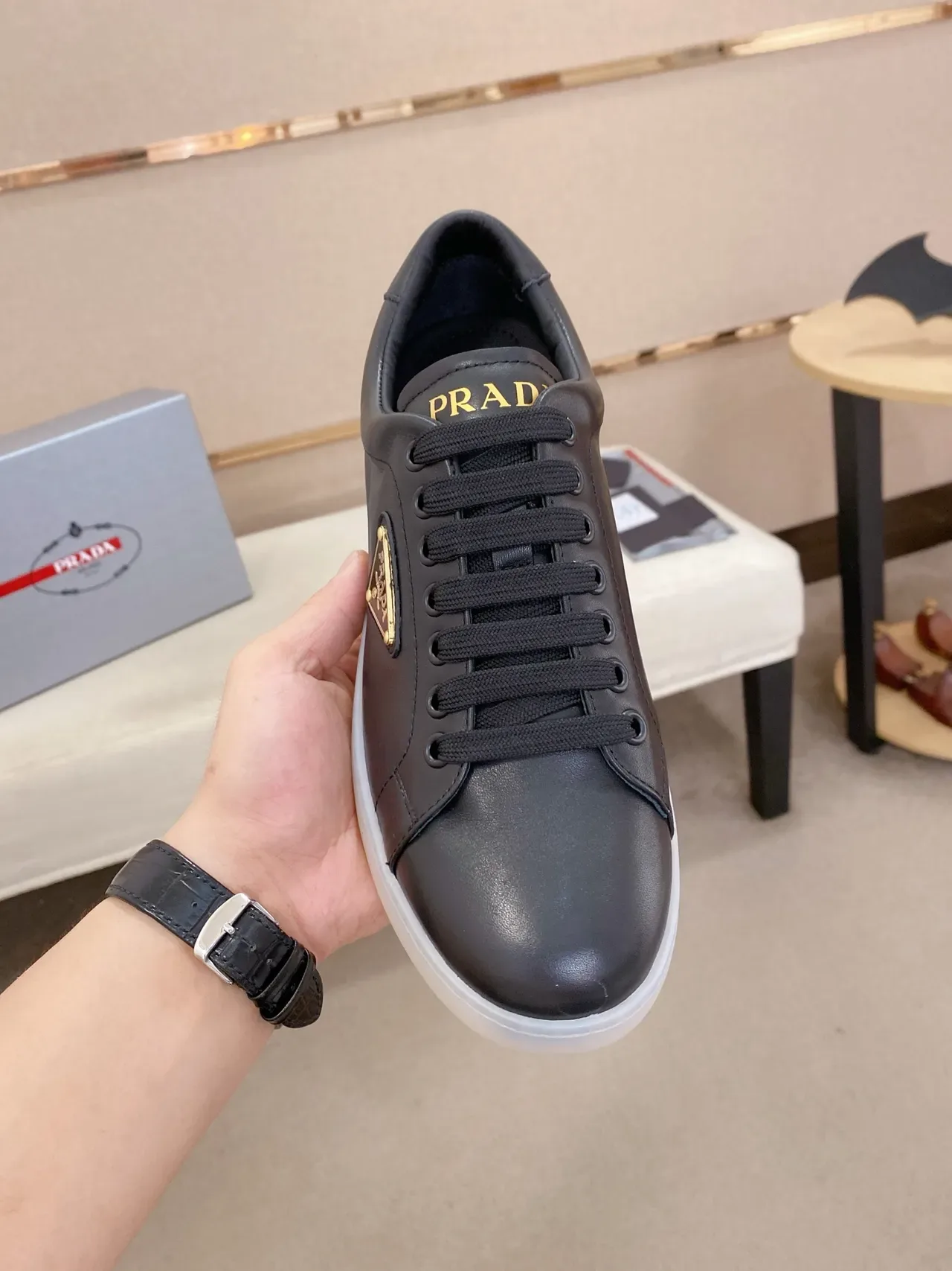 Prada Black White Smooth Leather Upper Gold-Tone Triangular Logo Plaque Lifestyle Sneakers 5