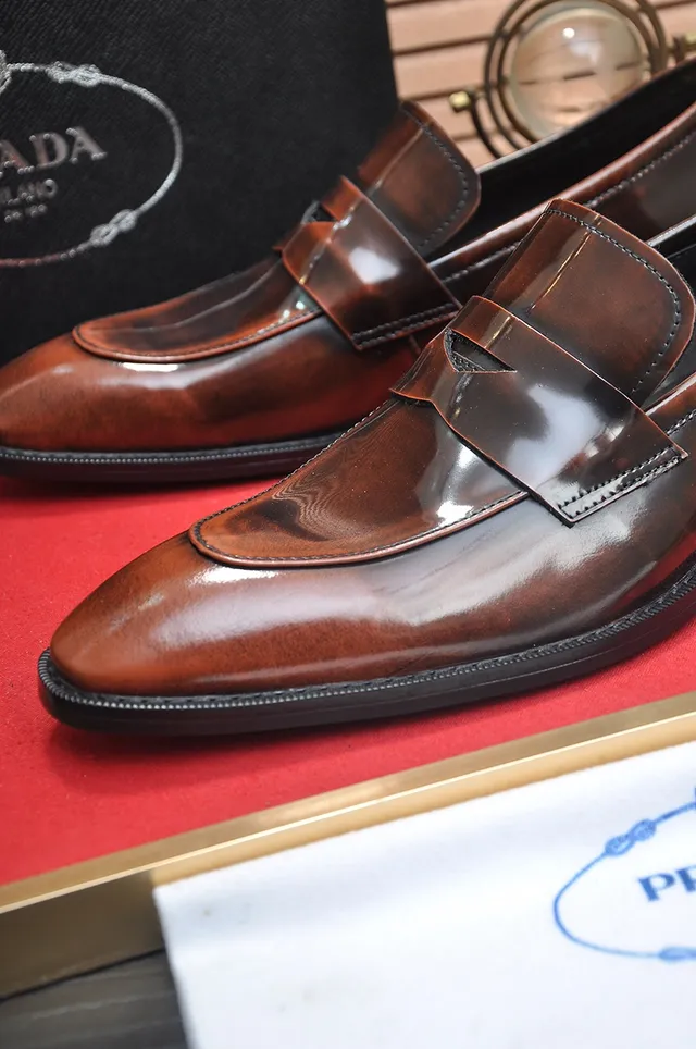 Prada Brown Black Polished Leather Patent Strap Accent Loafer 2