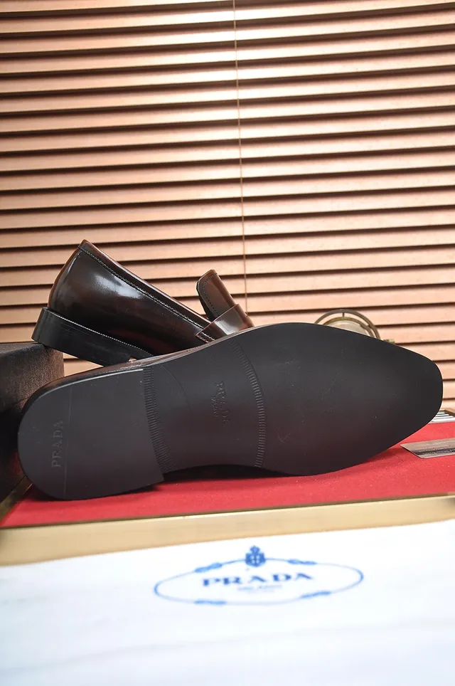 Prada Brown Black Polished Leather Patent Strap Accent Loafer 3