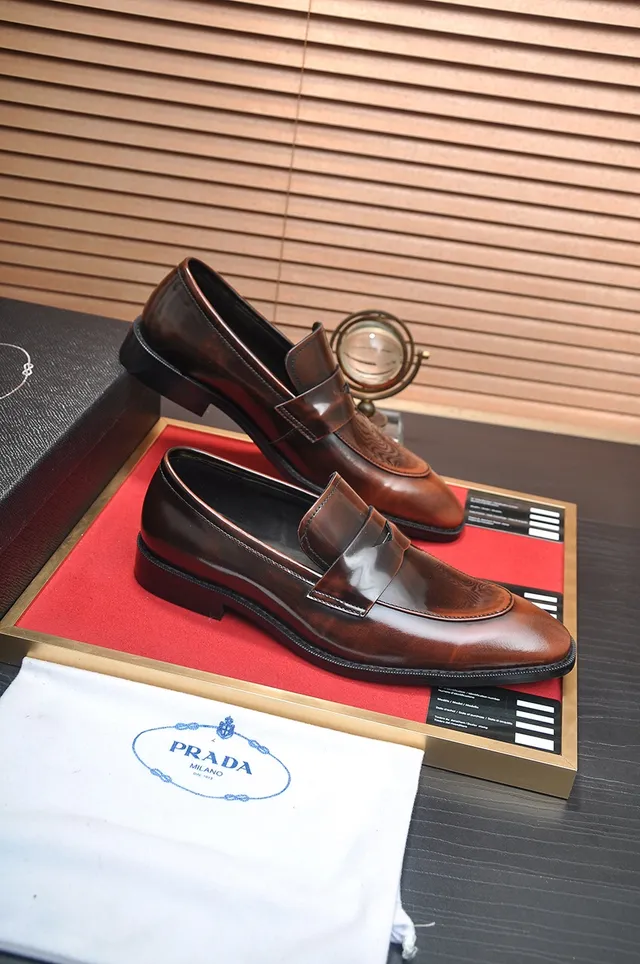 Prada Brown Black Polished Leather Patent Strap Accent Loafer 4