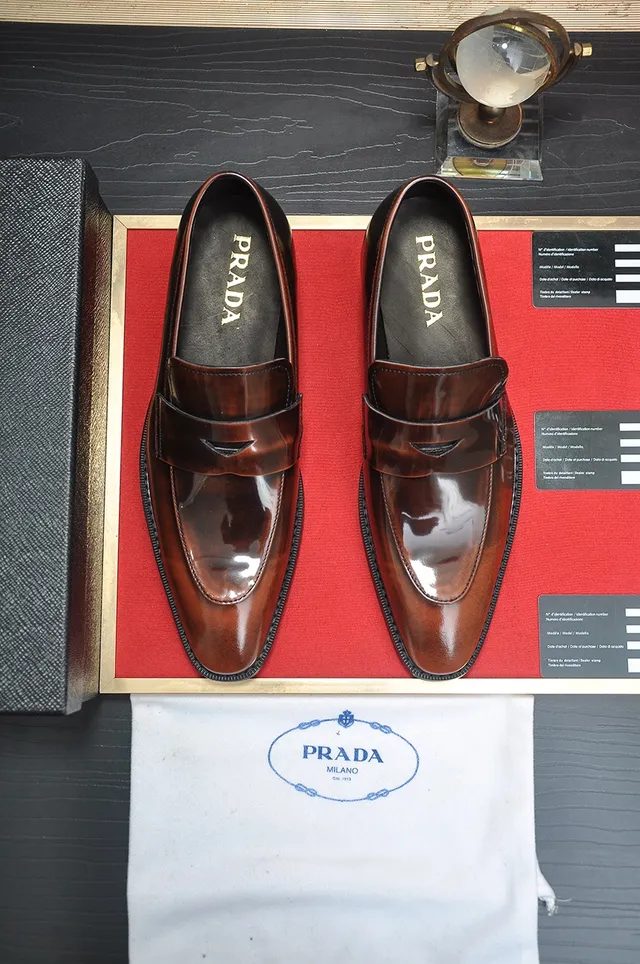 Prada Brown Black Polished Leather Patent Strap Accent Loafer 5