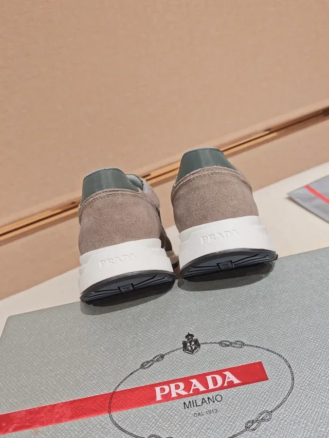 Prada Brown Green Suede And Synthetic Panelled Triangular Logo Plaque Lifestyle Sneakers 3