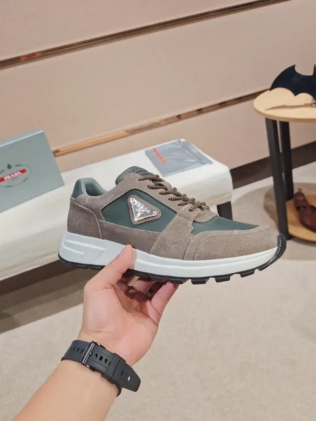 Prada Brown Green Suede And Synthetic Panelled Triangular Logo Plaque Lifestyle Sneakers 4