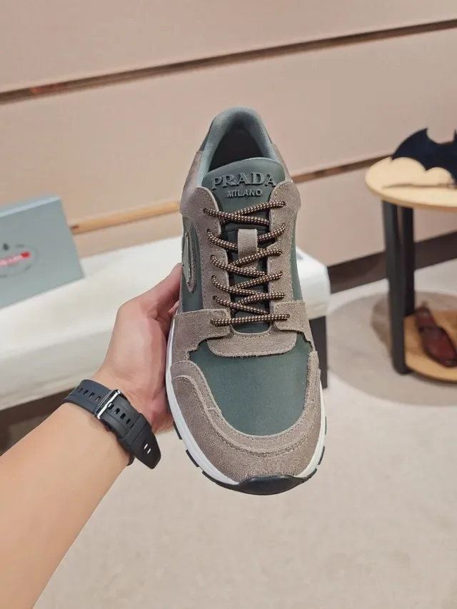 Prada Brown Green Suede And Synthetic Panelled Triangular Logo Plaque Lifestyle Sneakers 5