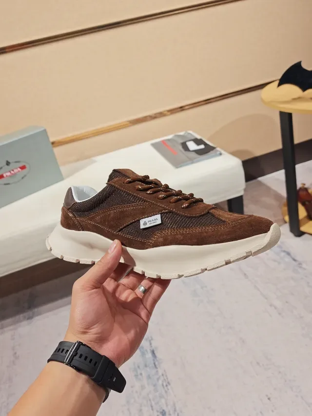 Prada Brown Suede and Mesh White Sole Lifestyle Sneaker 4