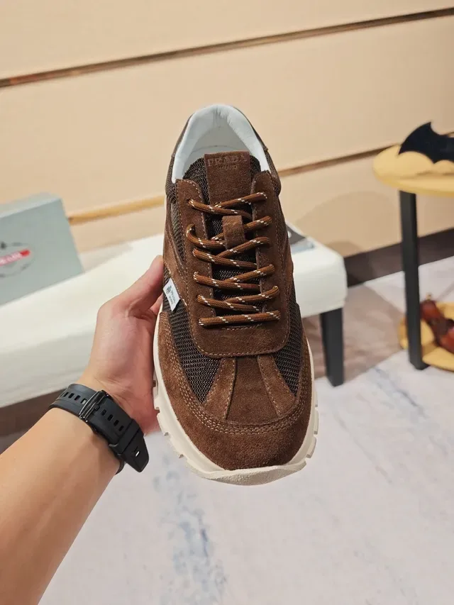 Prada Brown Suede and Mesh White Sole Lifestyle Sneaker 5