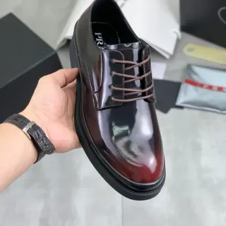 Prada Burgundy Black High-Gloss Patent Leather Cap-Toe Oxford Shoes