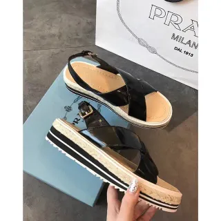 Prada Cloudbust Black Beige Glossy Patent Leather Crisscross Strap Casual Sandals