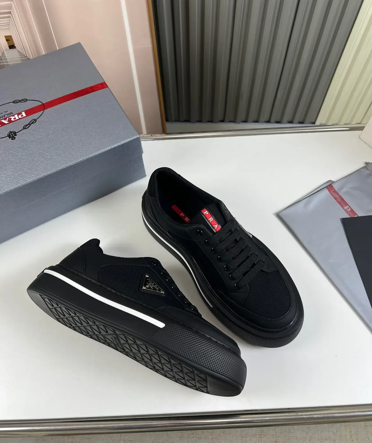 Prada Cloudbust Black Mesh and Leather Platform Lifestyle Sneakers 5