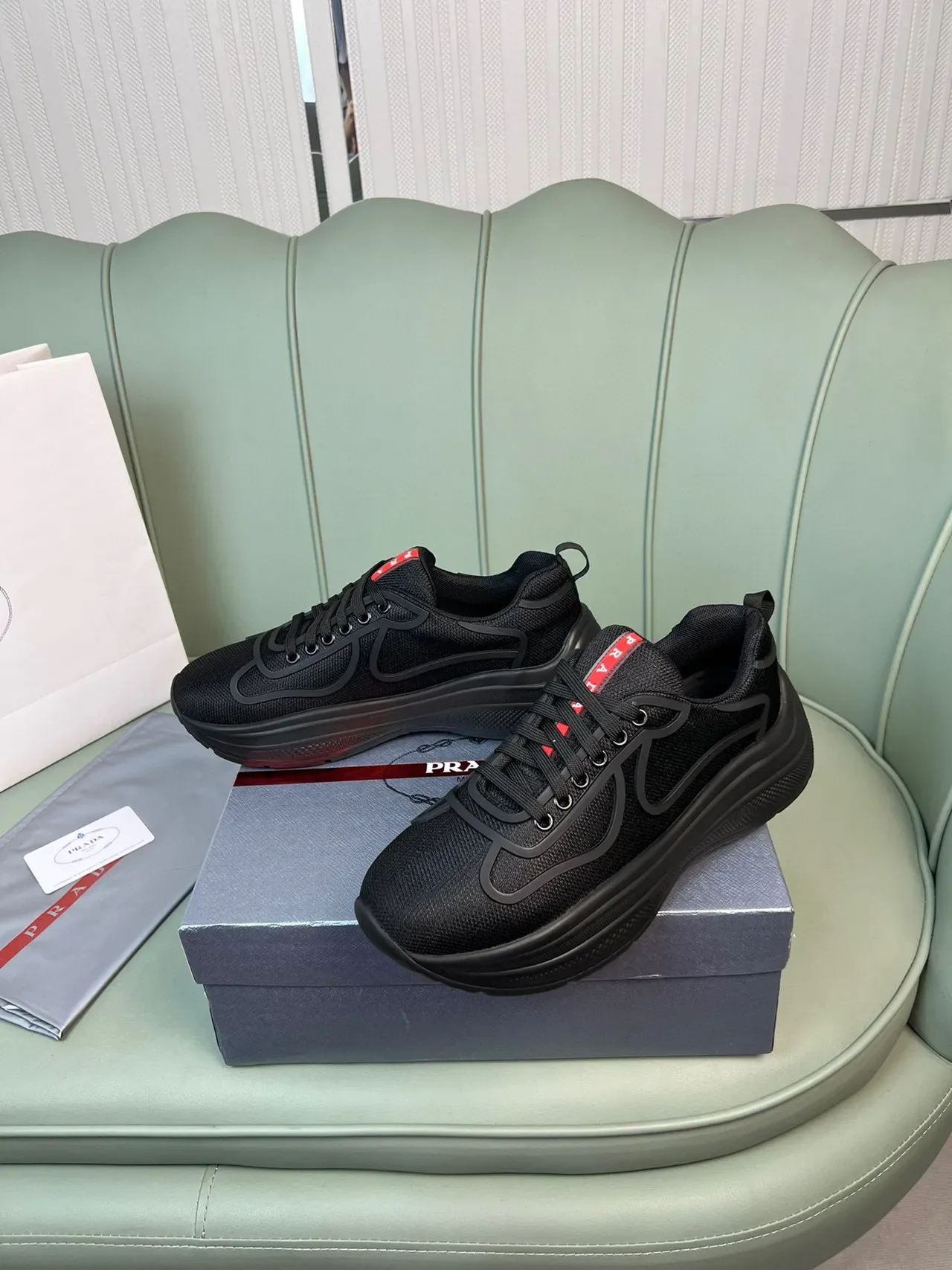 Prada Cloudbust Black Red Mesh Upper Molded Wave Overlay Chunky Sneakers 7