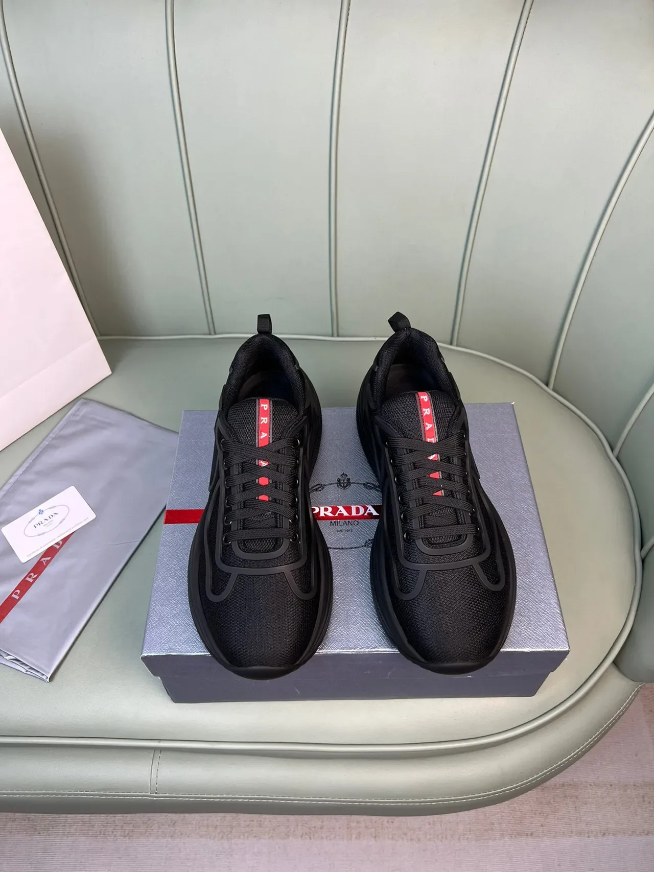 Prada Cloudbust Black Red Mesh Upper Molded Wave Overlay Chunky Sneakers 8