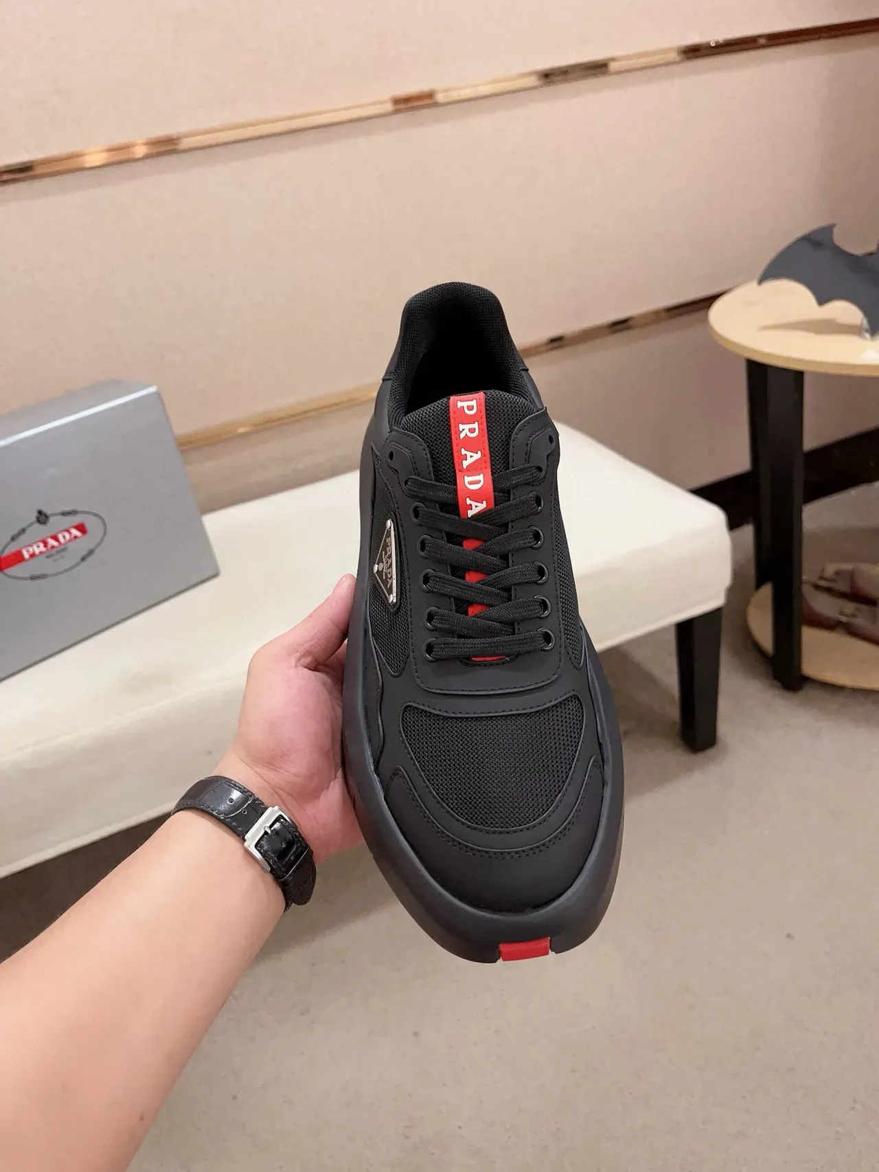 Prada Cloudbust Black Red Platform Sole Mesh-Synthetic Hybrid Upper Lifestyle Sneakers 2