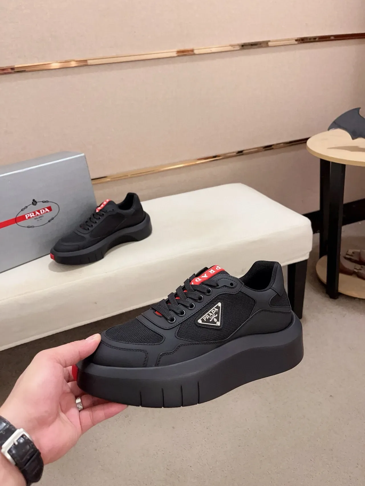 Prada Cloudbust Black Red Platform Sole Mesh-Synthetic Hybrid Upper Lifestyle Sneakers 3