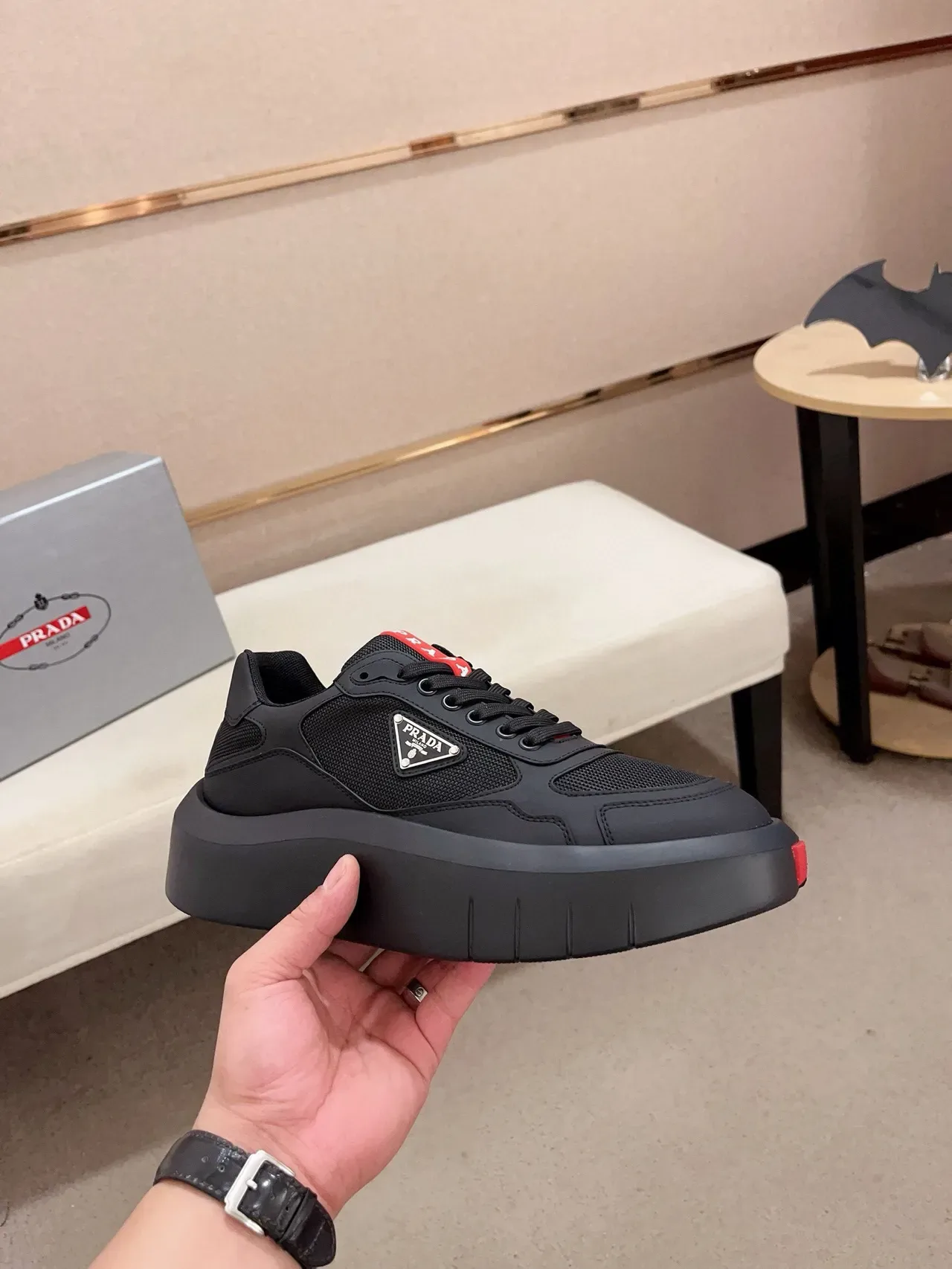 Prada Cloudbust Black Red Platform Sole Mesh-Synthetic Hybrid Upper Lifestyle Sneakers 4