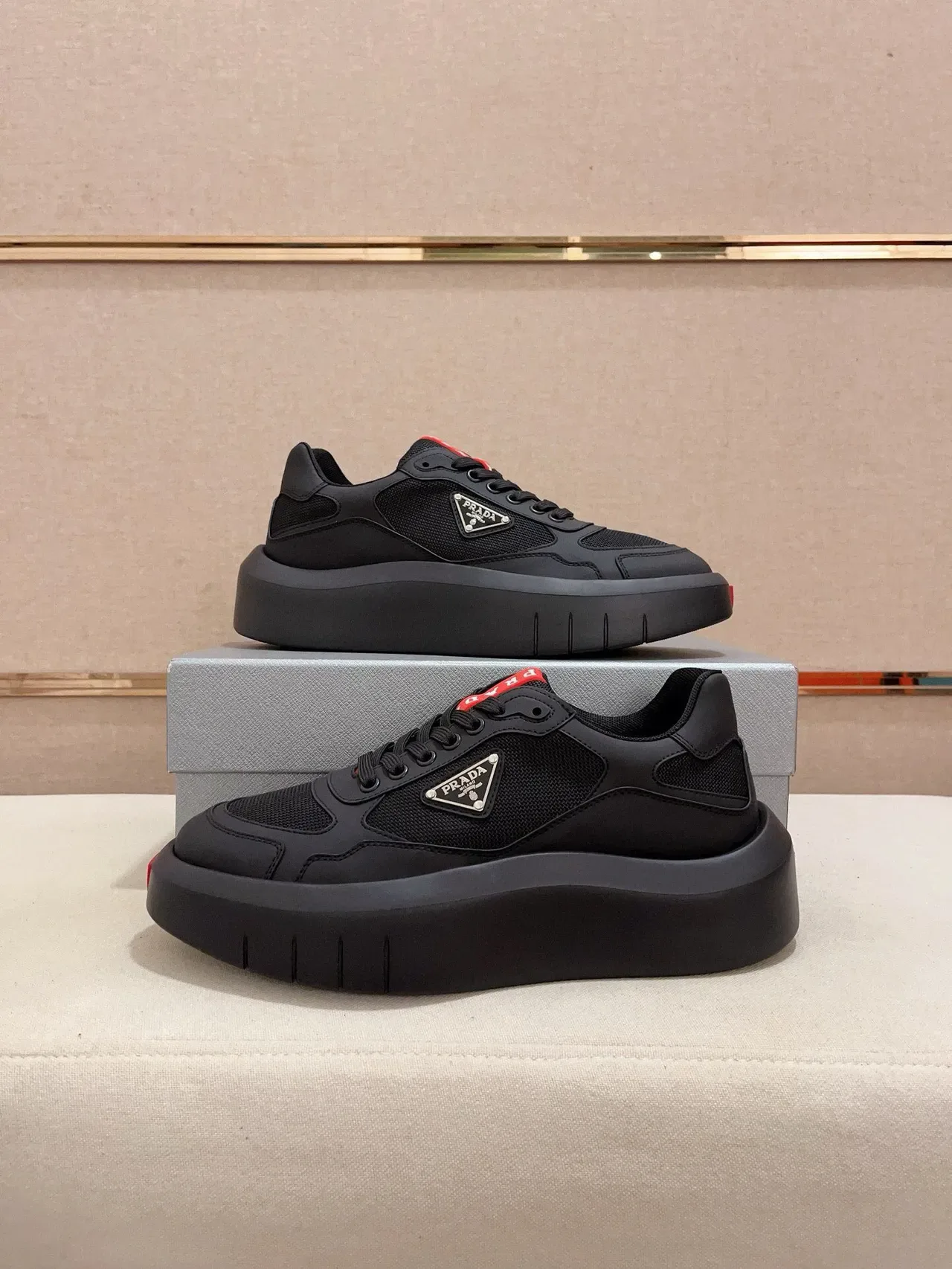 Prada Cloudbust Black Red Platform Sole Mesh-Synthetic Hybrid Upper Lifestyle Sneakers 7