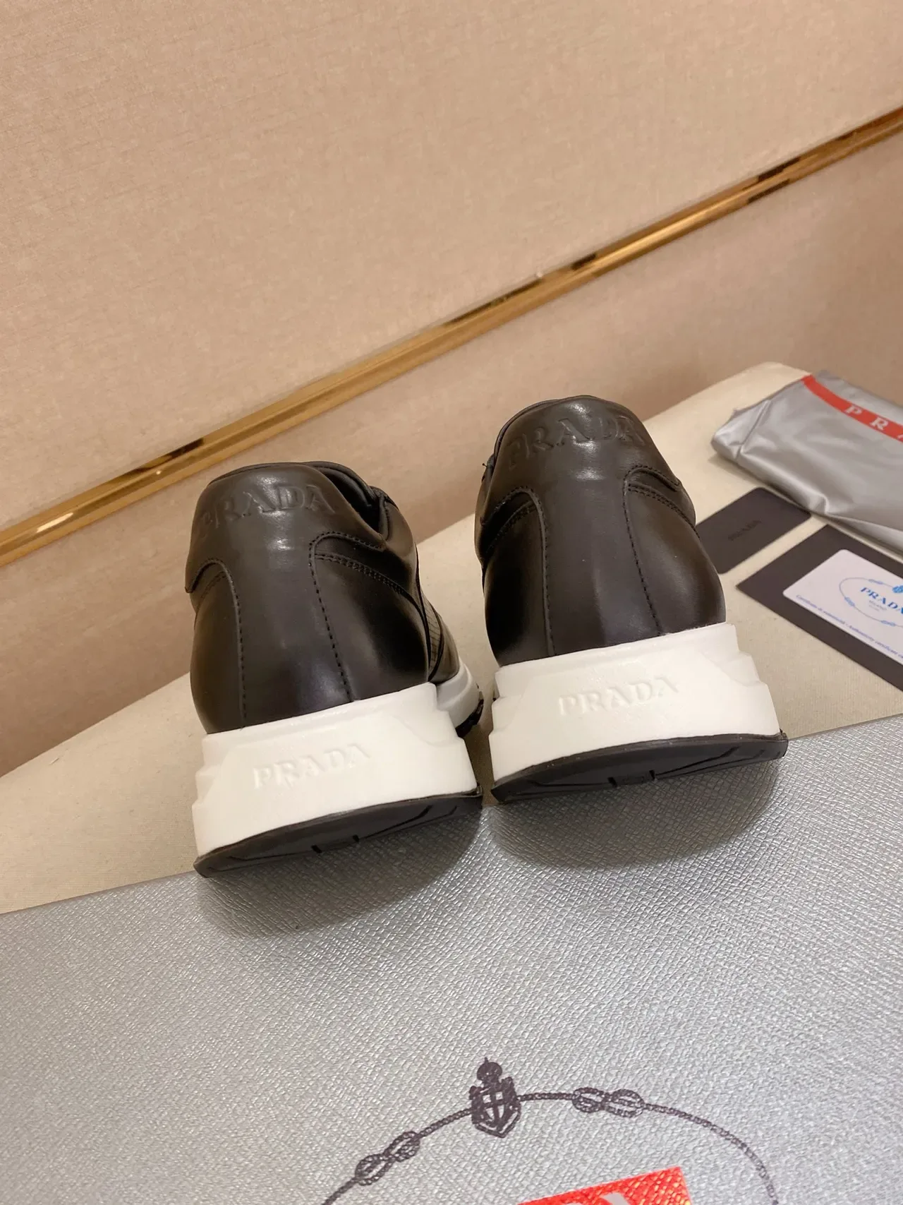 Prada Cloudbust Black White Leather And Perforated Upper Gold-Trimmed Triangular Logo Chunky Sneakers 3