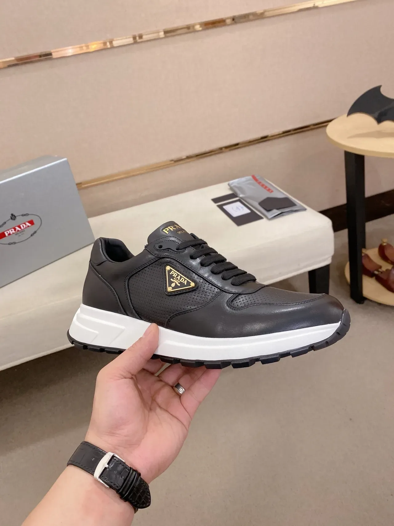 Prada Cloudbust Black White Leather And Perforated Upper Gold-Trimmed Triangular Logo Chunky Sneakers 5