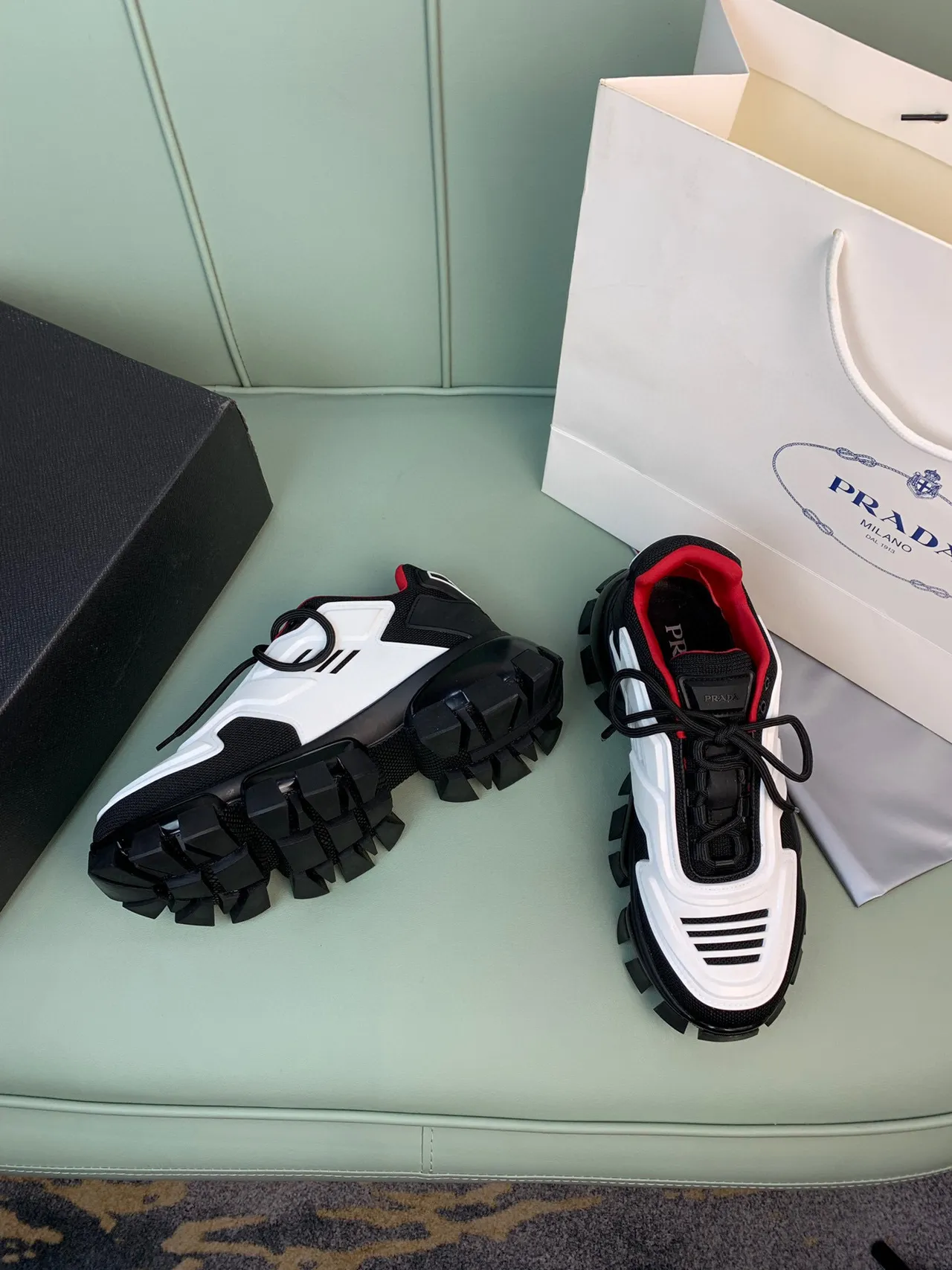 Prada Cloudbust Black White Lug Sole Geometric Paneling Chunky Sneakers 6