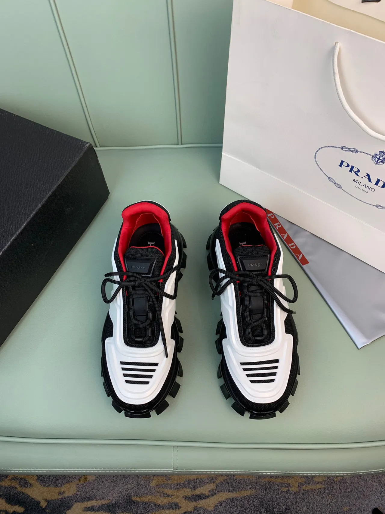 Prada Cloudbust Black White Lug Sole Geometric Paneling Chunky Sneakers 8