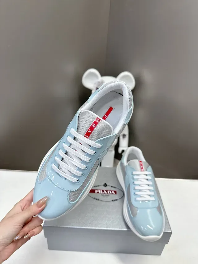 Prada Cloudbust أحذية رياضية أسلوب حياة أزرق أبيض جلد لامع شبكية جانبية 5