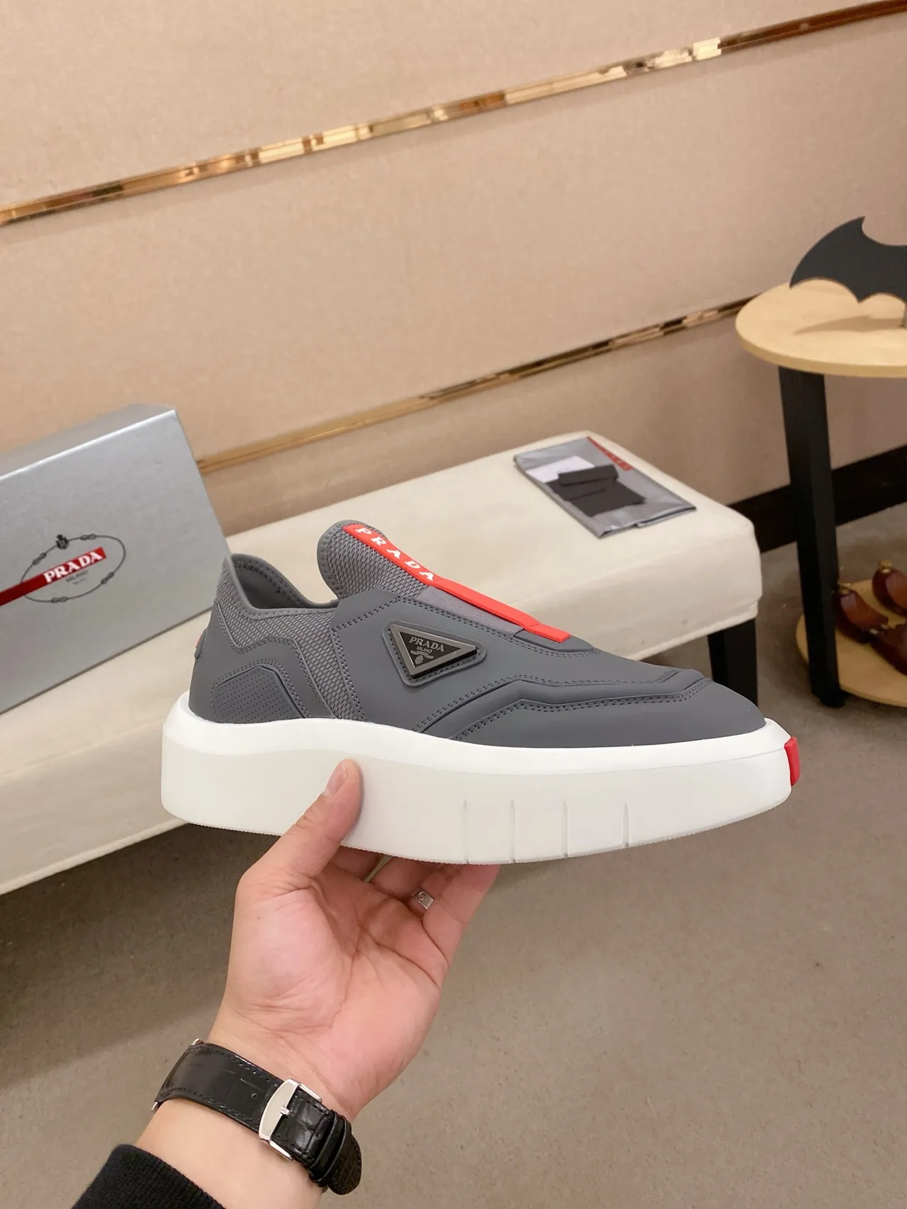 Prada Cloudbust Gray and Red Slip-On Lifestyle Sneakers 4