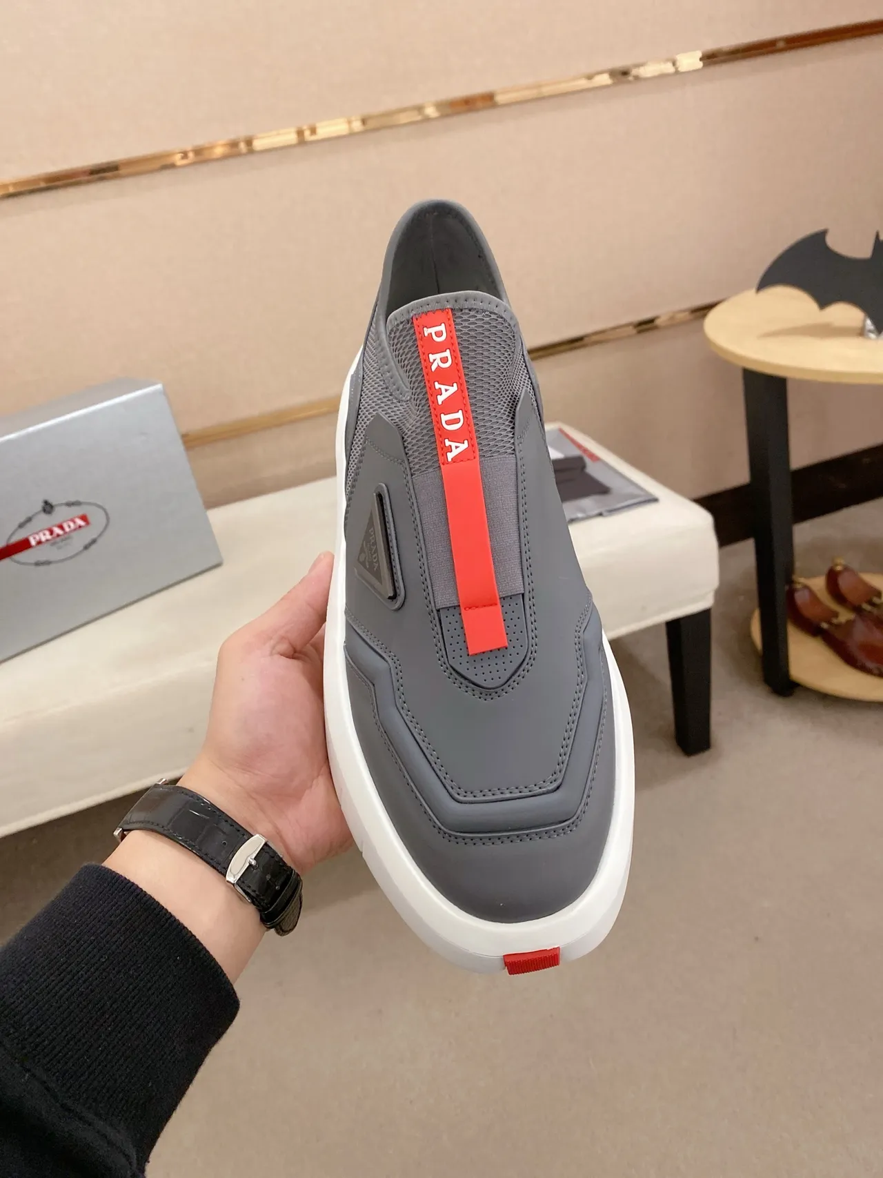 Prada Cloudbust Gray and Red Slip-On Lifestyle Sneakers 5