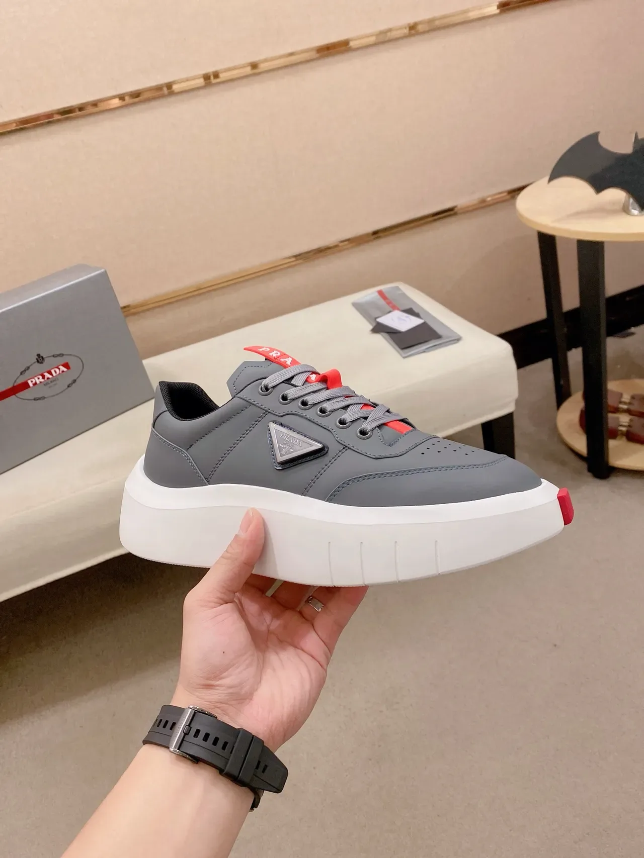 Prada Cloudbust Gray Red Platform Sole Perforated Toe Cap Chunky Sneakers 4