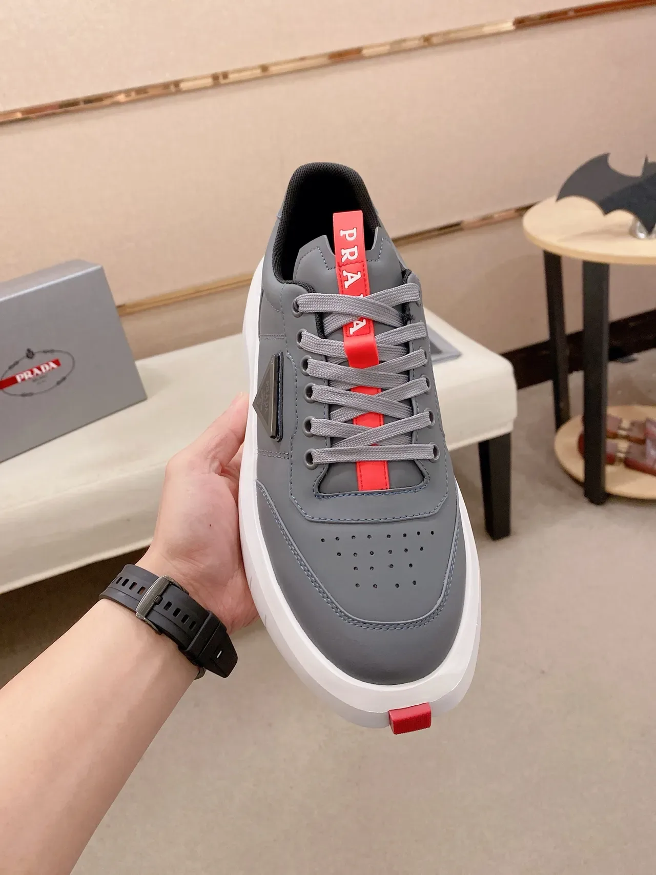 Prada Cloudbust Gray Red Platform Sole Perforated Toe Cap Chunky Sneakers 5