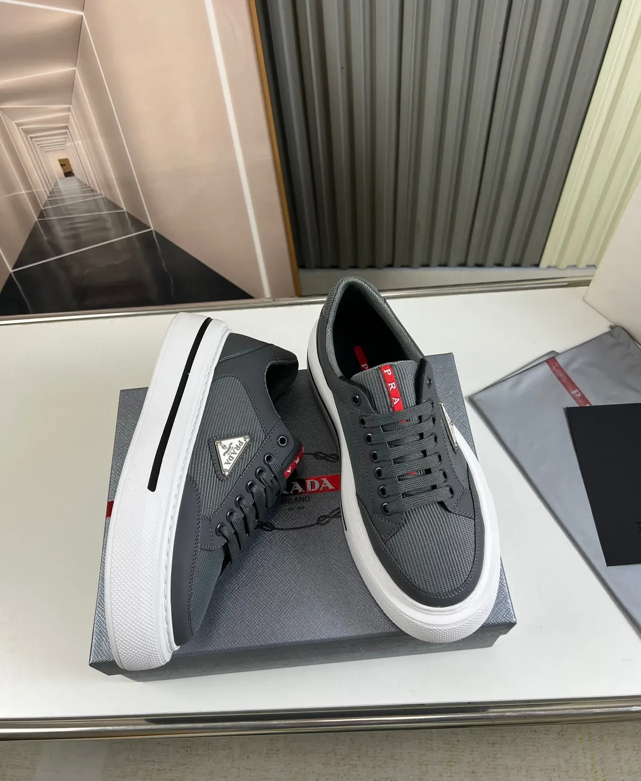 Prada Cloudbust Gray White Low-Top Mesh-and-Synthetic Upper Lifestyle Sneakers 5