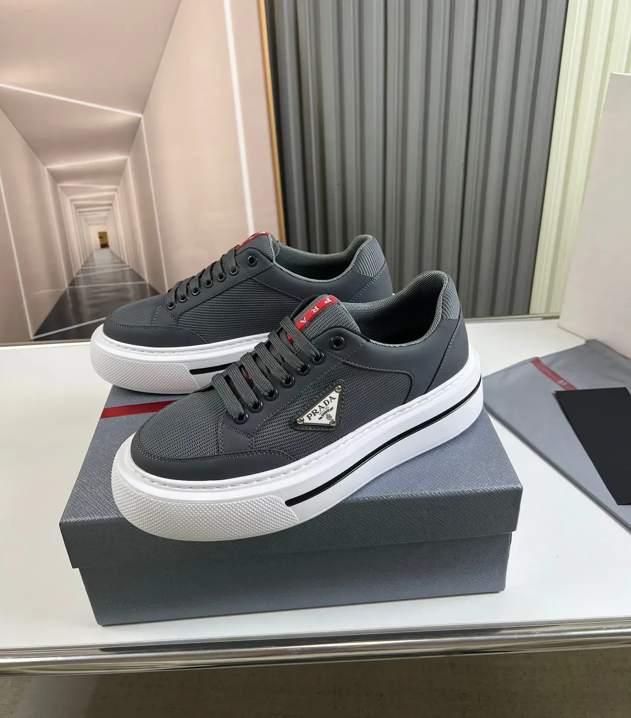 Prada Cloudbust Gray White Low-Top Mesh-and-Synthetic Upper Lifestyle Sneakers 8