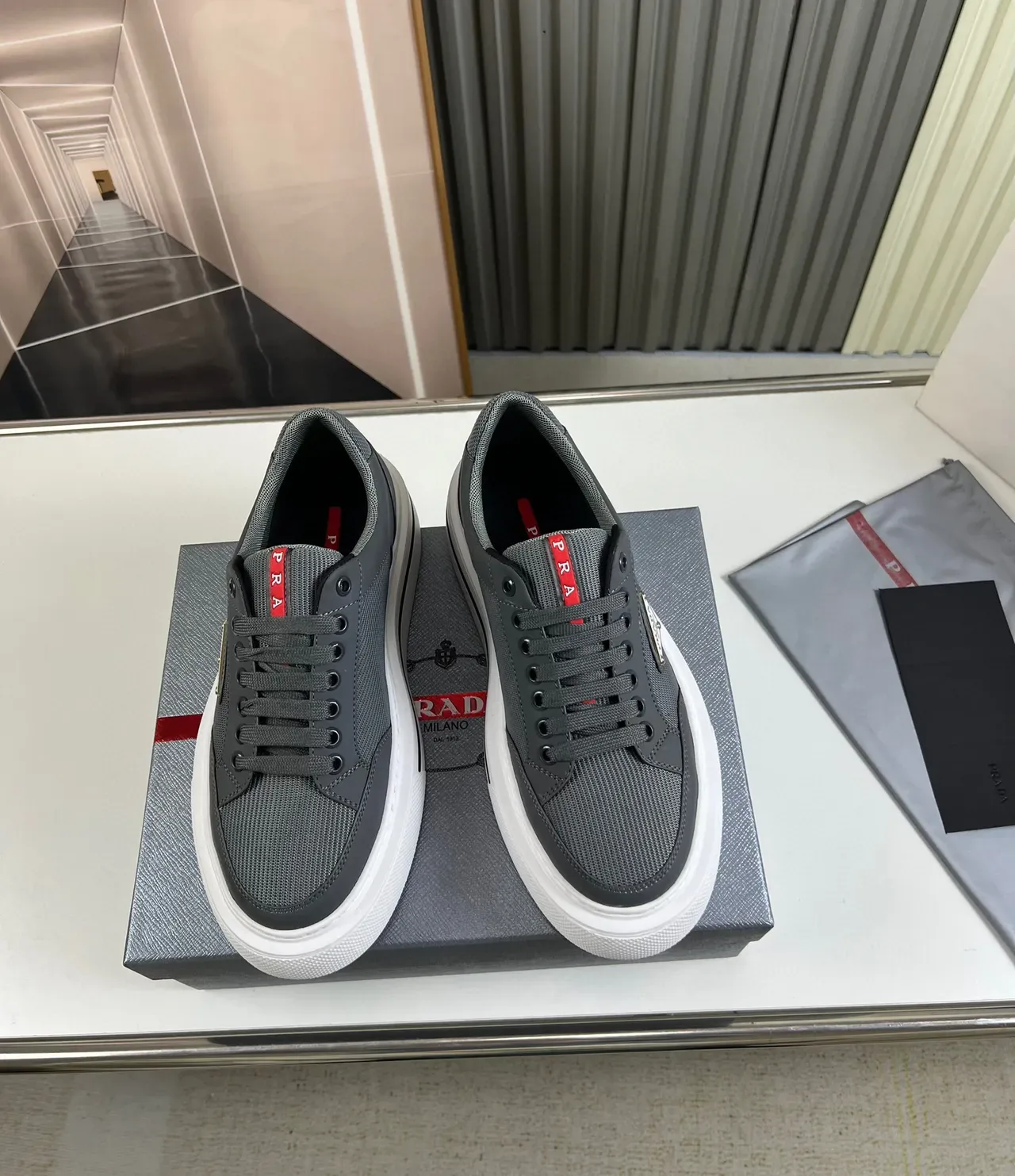 Prada Cloudbust Gray White Low-Top Mesh-and-Synthetic Upper Lifestyle Sneakers 9