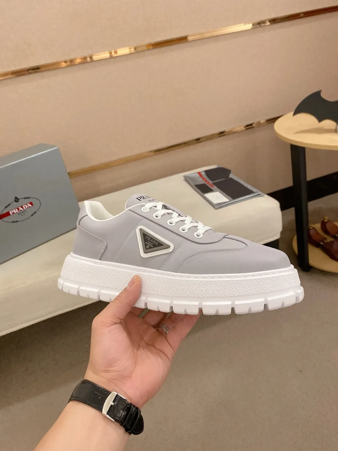 Prada Cloudbust Gray White Low-Top Platform Sole Chunky Sneakers 4