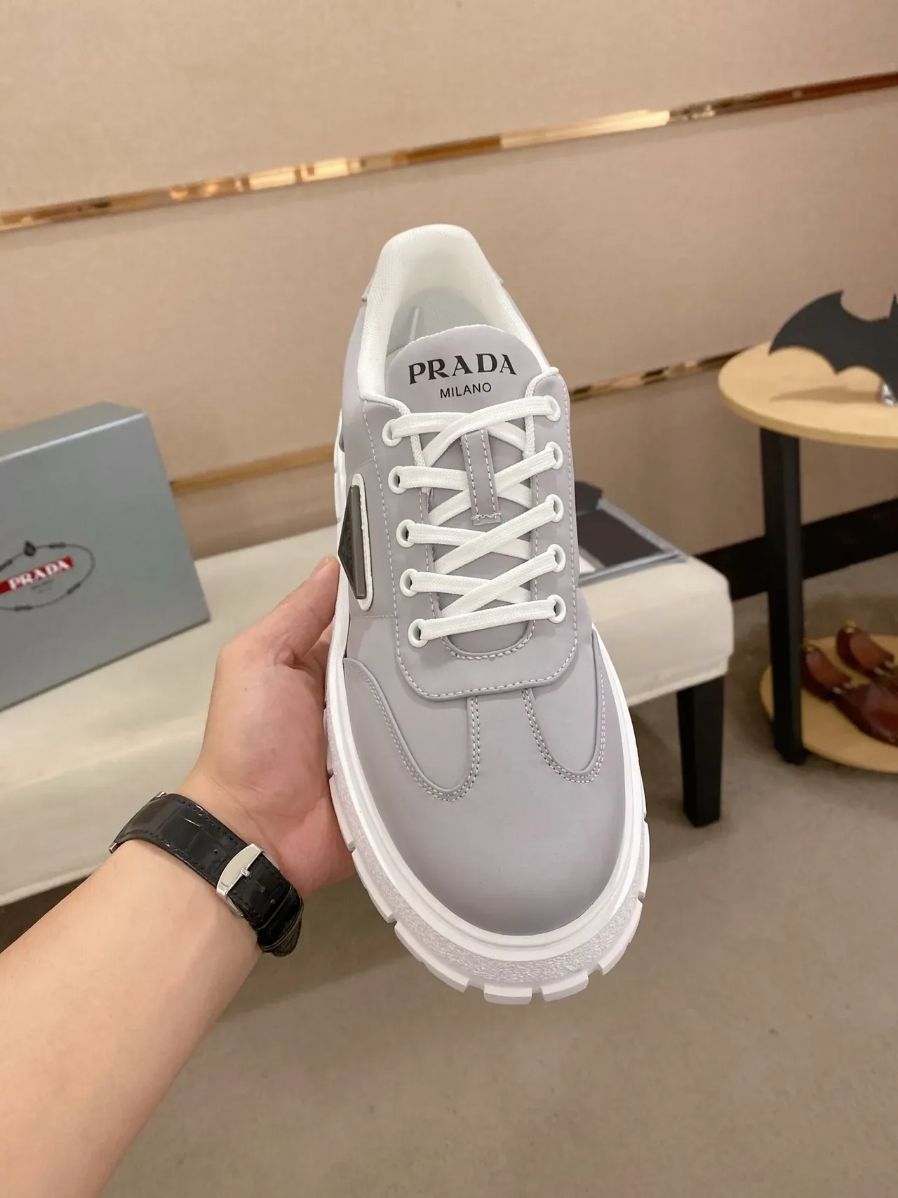Prada Cloudbust Gray White Low-Top Platform Sole Chunky Sneakers 5