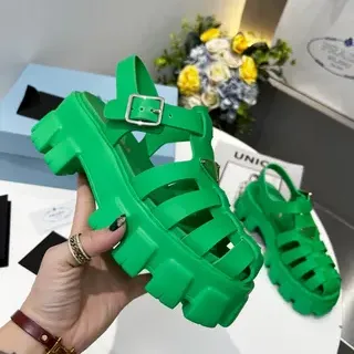 Prada Cloudbust Green Silver Chunky Platform T-Strap Gladiator Sandals