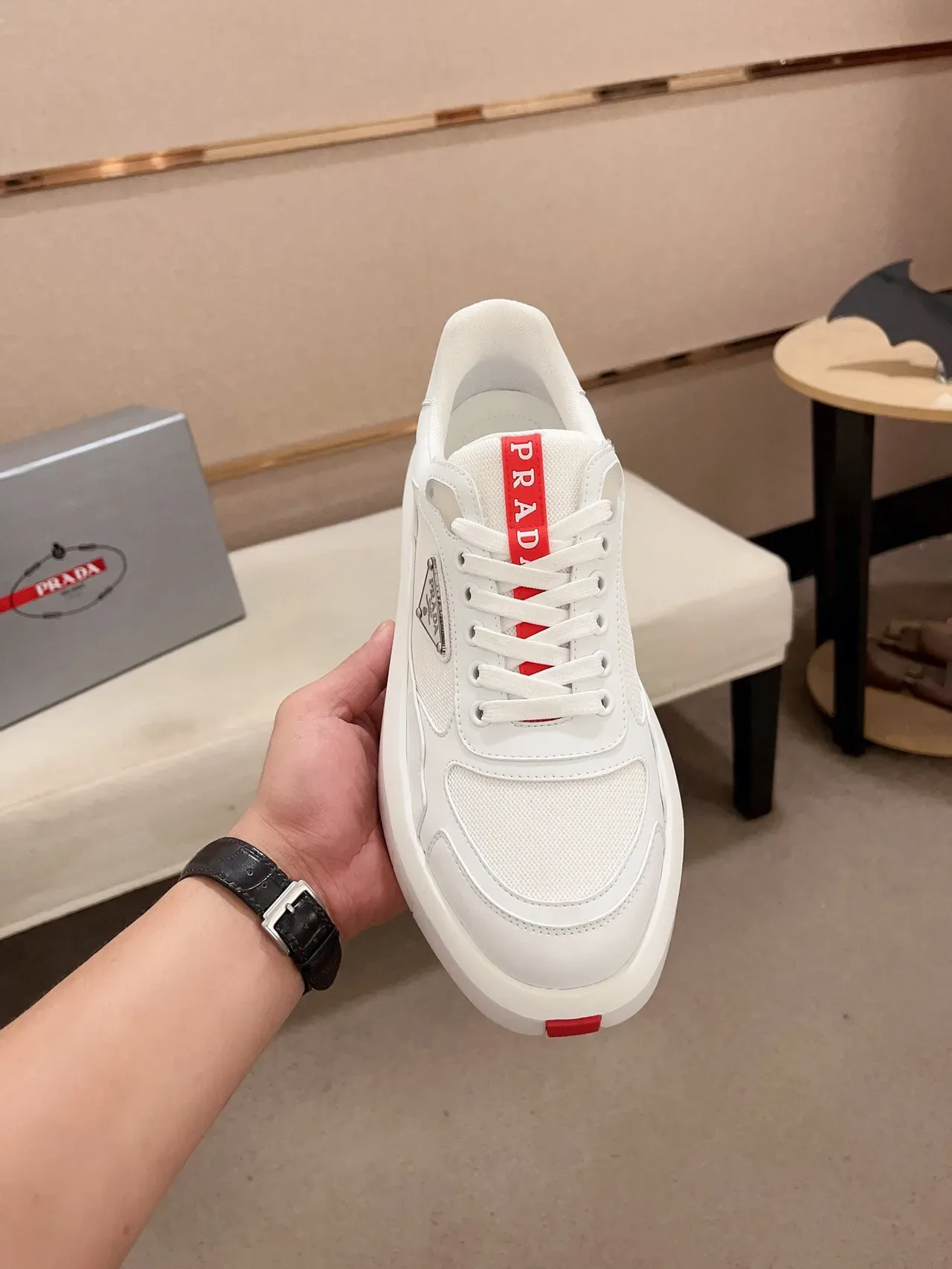 Prada Cloudbust White Red Chunky Platform Sole Mixed-Material Upper Lifestyle Sneakers 2