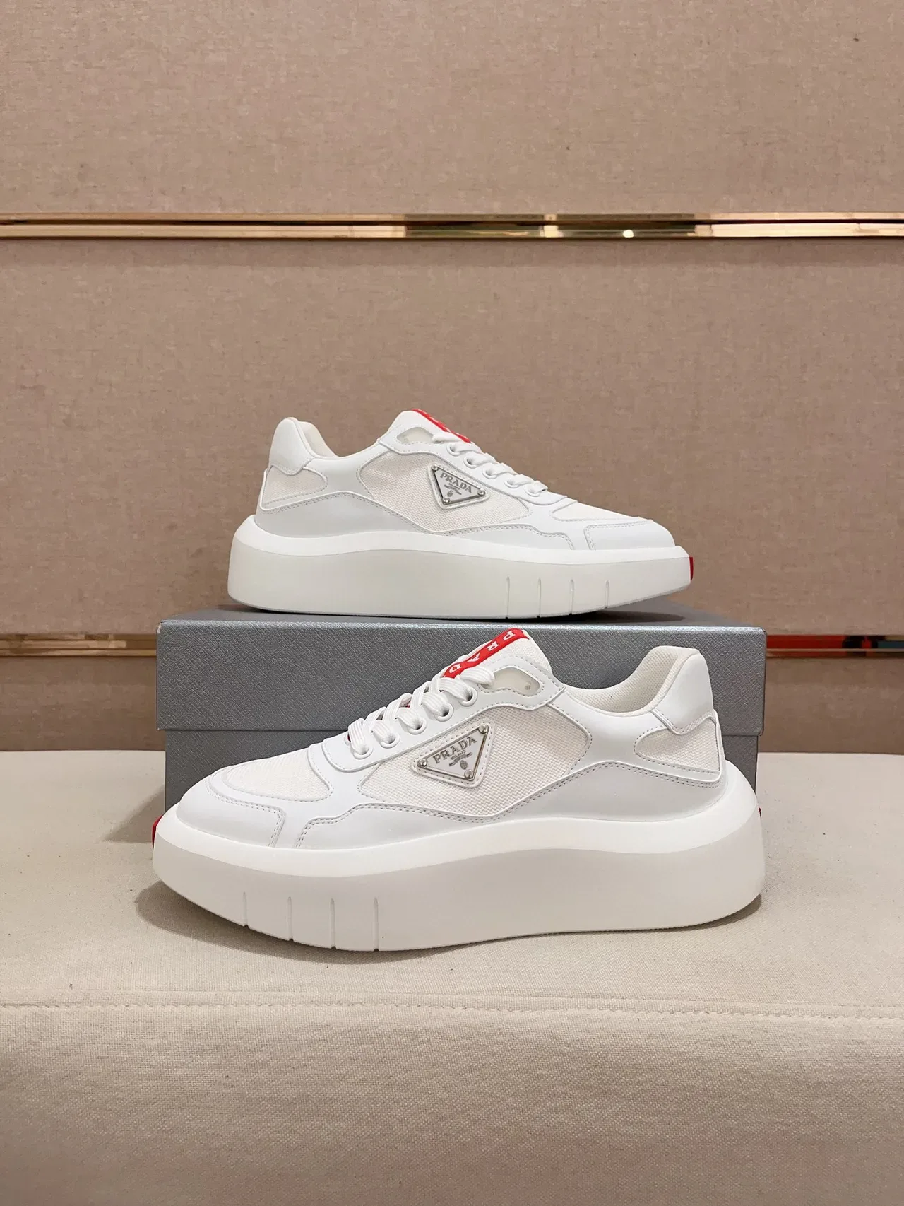 Prada Cloudbust White Red Chunky Platform Sole Mixed-Material Upper Lifestyle Sneakers 7