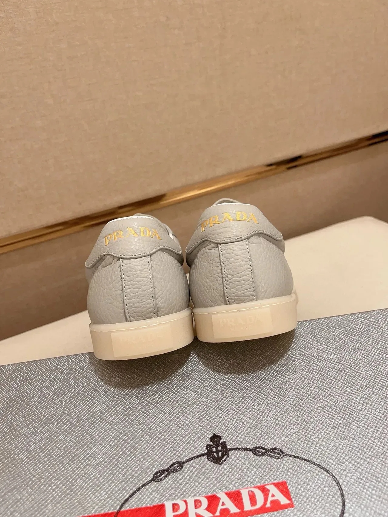 Prada Gray Gold Pebbled Leather Triangular Logo Plaque Lifestyle Sneakers 3