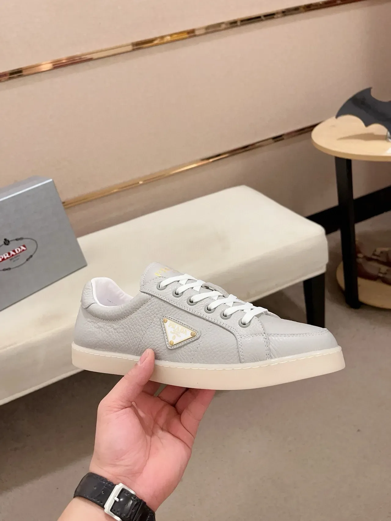 Prada Gray Gold Pebbled Leather Triangular Logo Plaque Lifestyle Sneakers 4