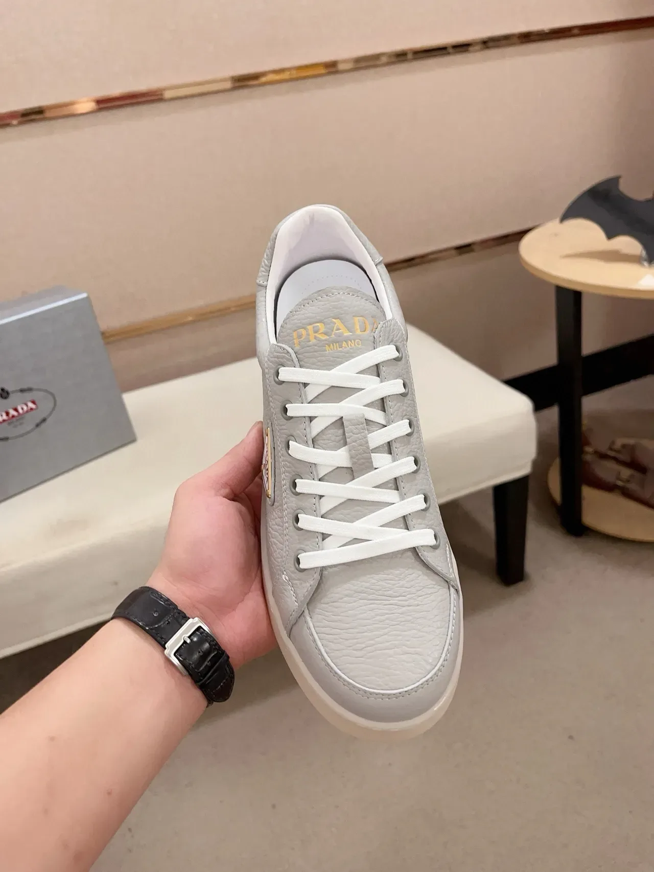 Prada Gray Gold Pebbled Leather Triangular Logo Plaque Lifestyle Sneakers 5