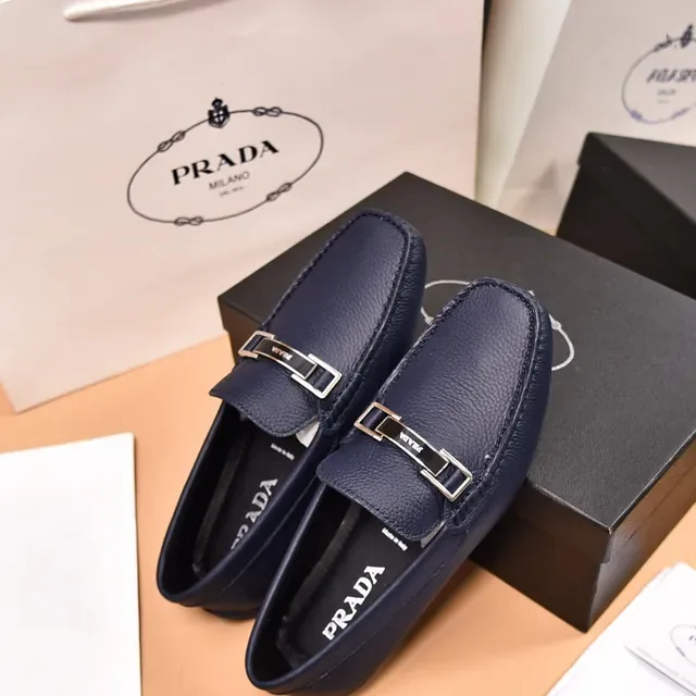 Prada Horsebit Loafer Navy Silver Pebbled Leather Metal Buckle Loafer 3