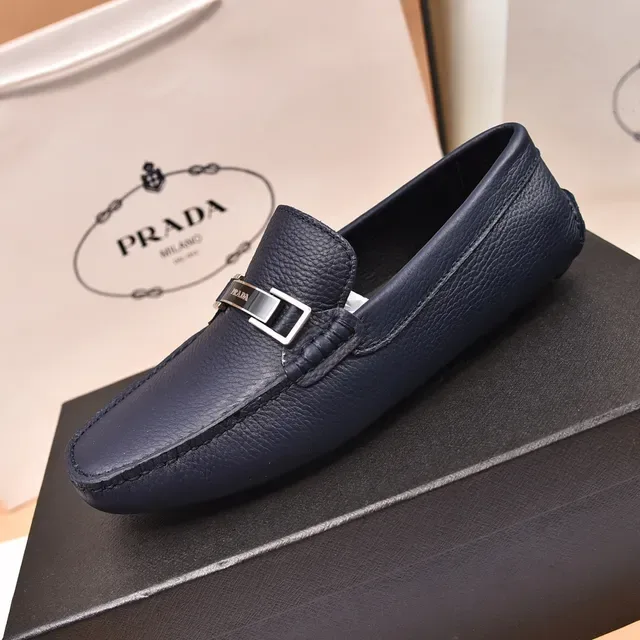 Prada Horsebit Loafer Navy Silver Pebbled Leather Metal Buckle Loafer 5