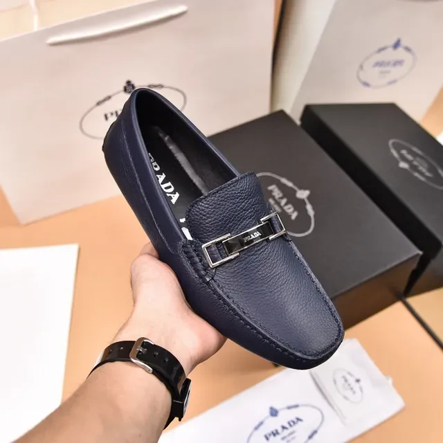 Prada Horsebit Loafer Navy Silver Pebbled Leather Metal Buckle Loafer 6