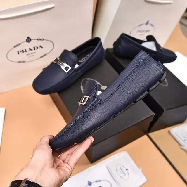 Prada Horsebit Loafer Navy Silver Pebbled Leather Metal Buckle Loafer 7