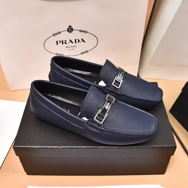 Prada Horsebit Loafer Navy Silver Pebbled Leather Metal Buckle Loafer 8