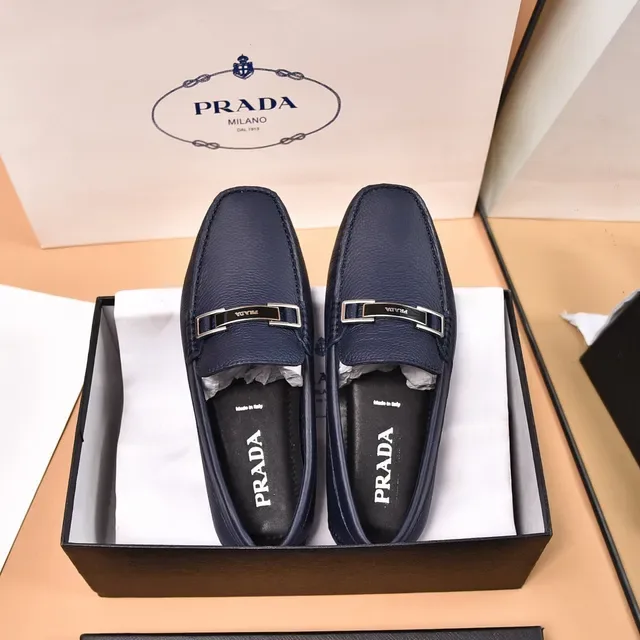 Prada Horsebit Loafer Navy Silver Pebbled Leather Metal Buckle Loafer 9