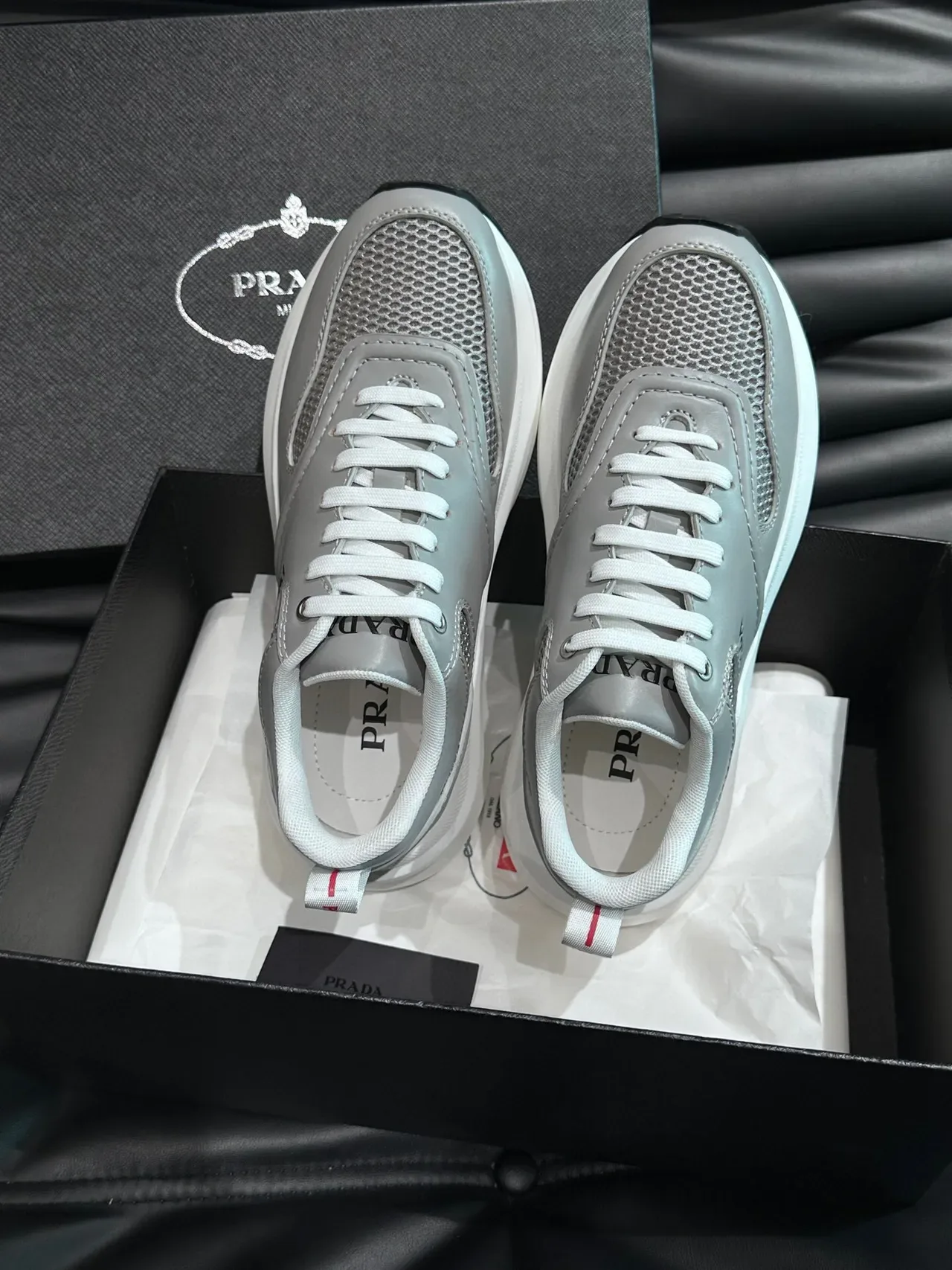 Prada Light Gray and White Mesh Lifestyle Sneakers 4