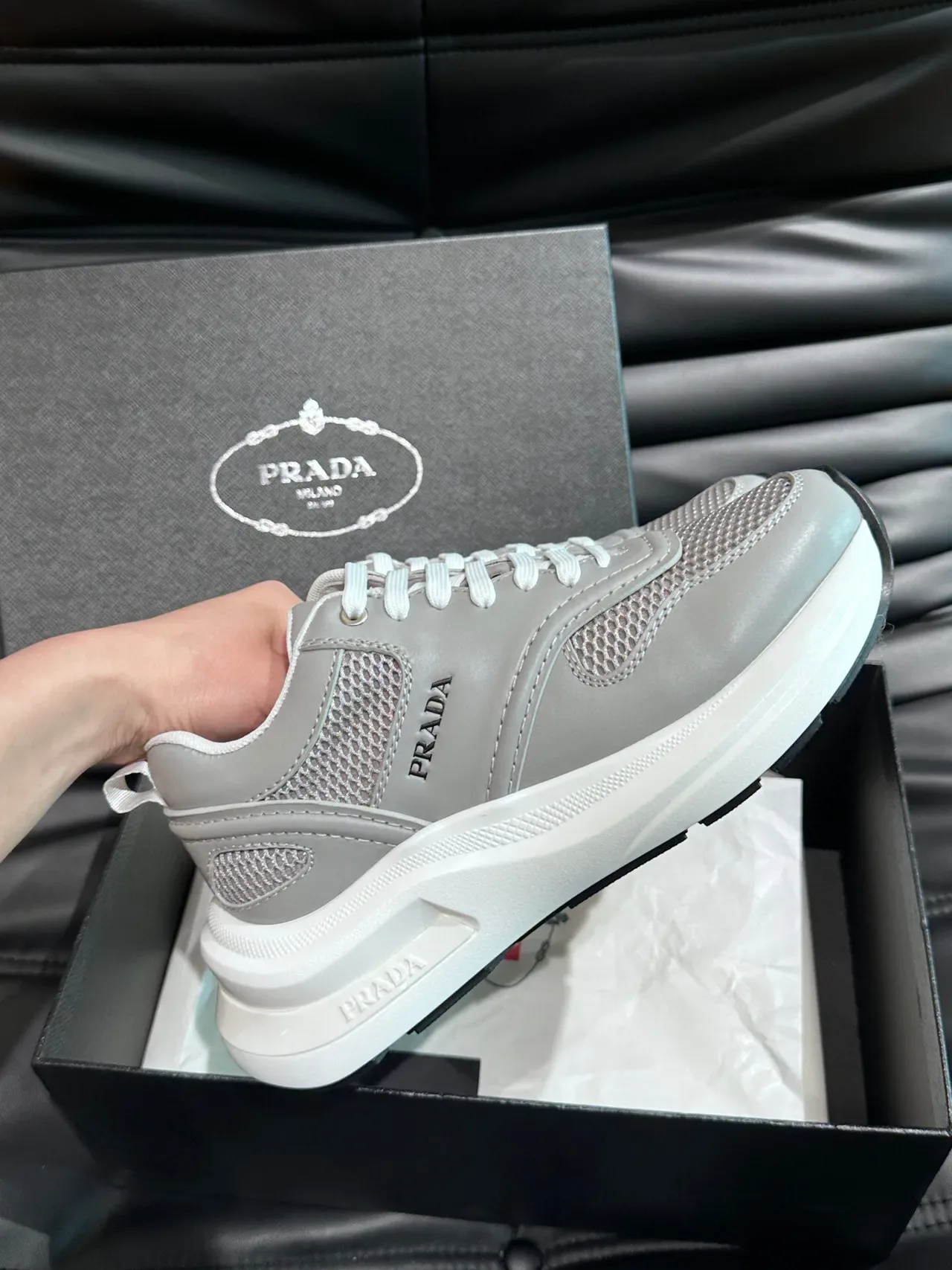 Prada Light Gray and White Mesh Lifestyle Sneakers 5